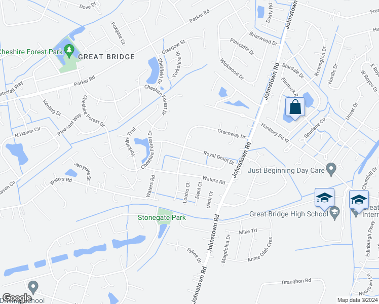 map of restaurants, bars, coffee shops, grocery stores, and more near 549 Royal Grant Drive in Chesapeake