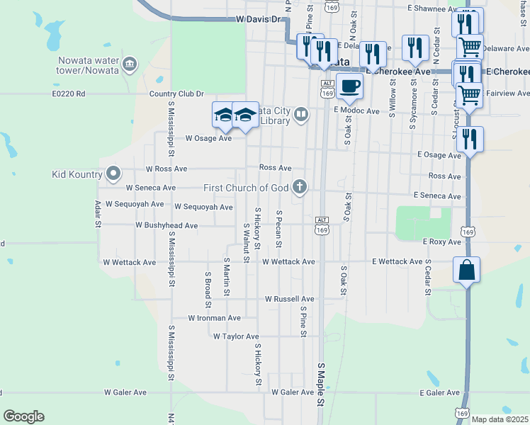map of restaurants, bars, coffee shops, grocery stores, and more near 435 South Hickory Street in Nowata