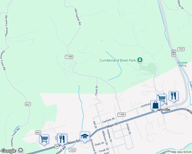 map of restaurants, bars, coffee shops, grocery stores, and more near Old Harlan Road in Jonesville