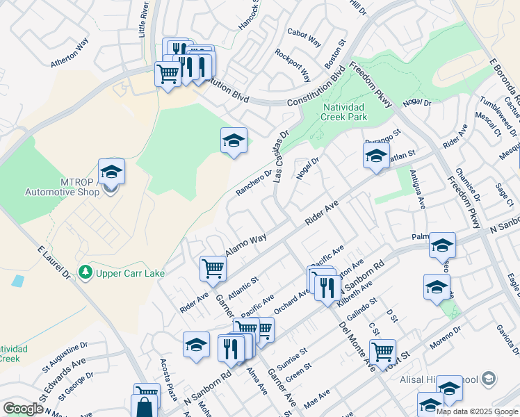 map of restaurants, bars, coffee shops, grocery stores, and more near 742 Pino Way in Salinas