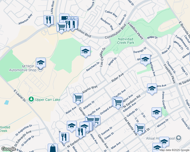 map of restaurants, bars, coffee shops, grocery stores, and more near 742 Pino Way in Salinas