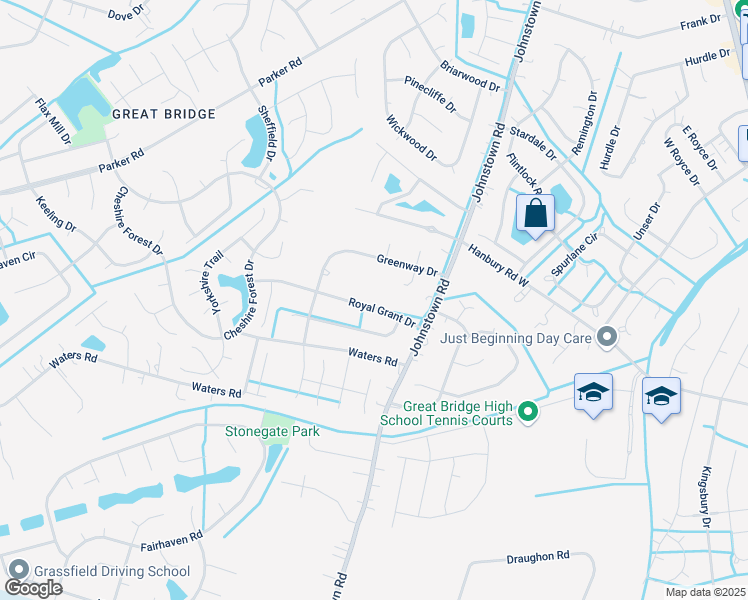 map of restaurants, bars, coffee shops, grocery stores, and more near 531 Royal Grant Drive in Chesapeake
