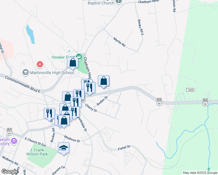 map of restaurants, bars, coffee shops, grocery stores, and more near 927 Bob Gregory Street in Martinsville