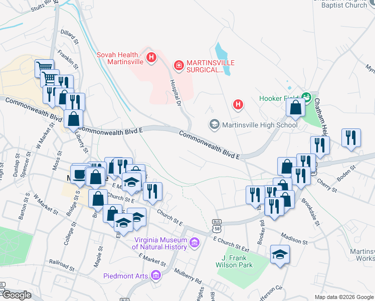 map of restaurants, bars, coffee shops, grocery stores, and more near 398 Red Oak St in Martinsville