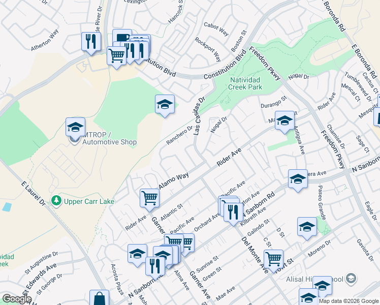 map of restaurants, bars, coffee shops, grocery stores, and more near 763 Pino Way in Salinas