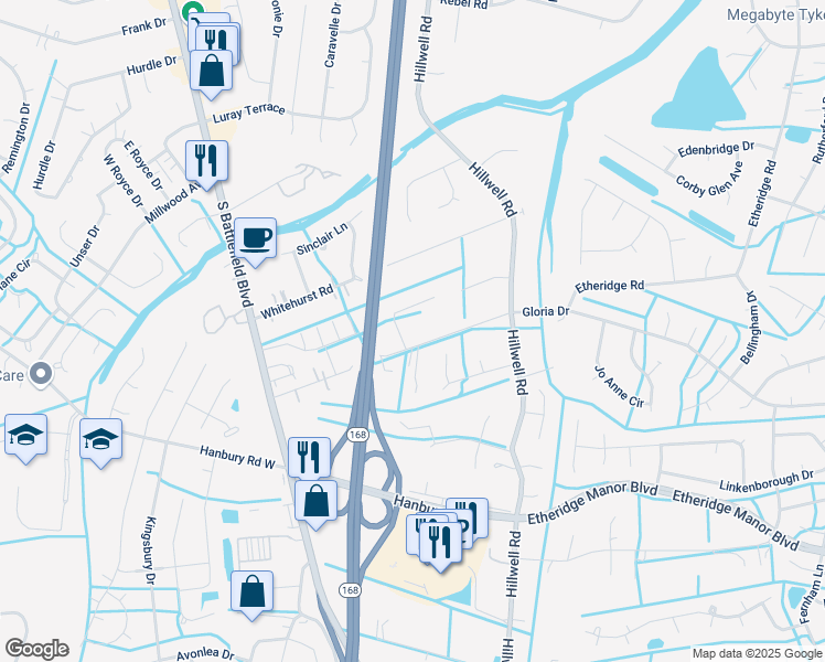 map of restaurants, bars, coffee shops, grocery stores, and more near 249 Etheridge Road in Chesapeake