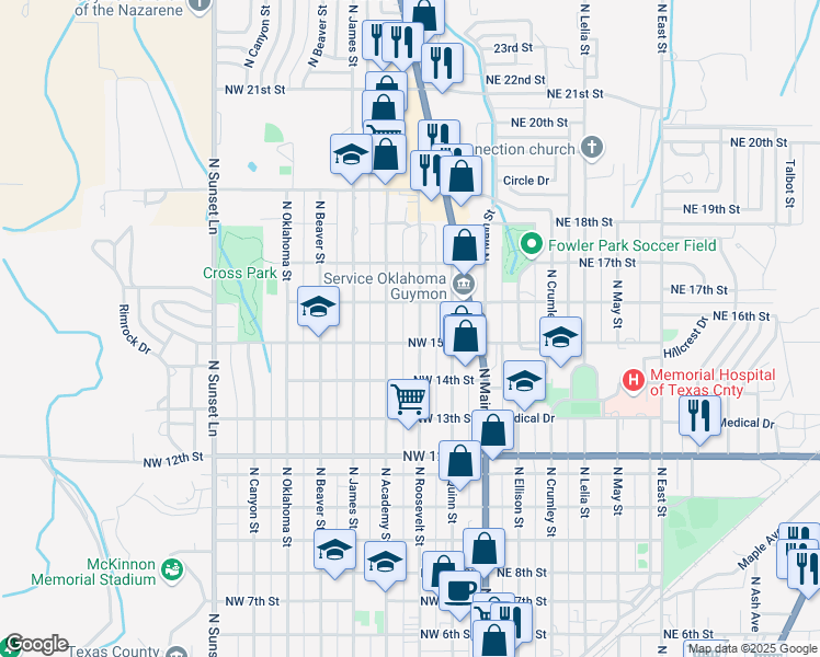 map of restaurants, bars, coffee shops, grocery stores, and more near 1423 North Roosevelt Street in Guymon