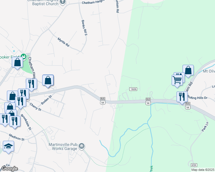 map of restaurants, bars, coffee shops, grocery stores, and more near 1151 East Church Street in Martinsville