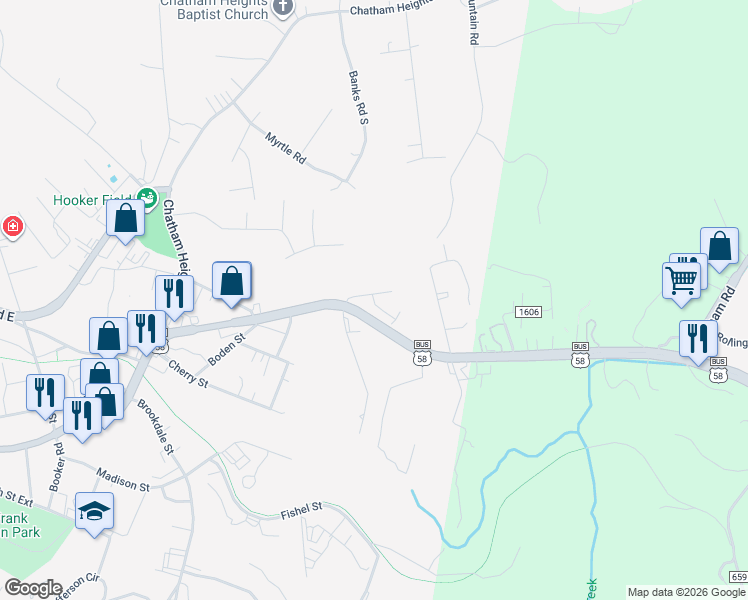 map of restaurants, bars, coffee shops, grocery stores, and more near 1130 Ridge Road in Martinsville