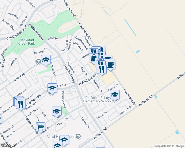 map of restaurants, bars, coffee shops, grocery stores, and more near 953 Sage Court in Salinas