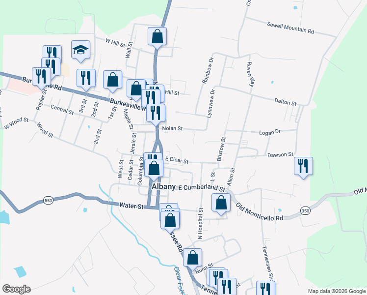 map of restaurants, bars, coffee shops, grocery stores, and more near 316 East Clear Street in Albany