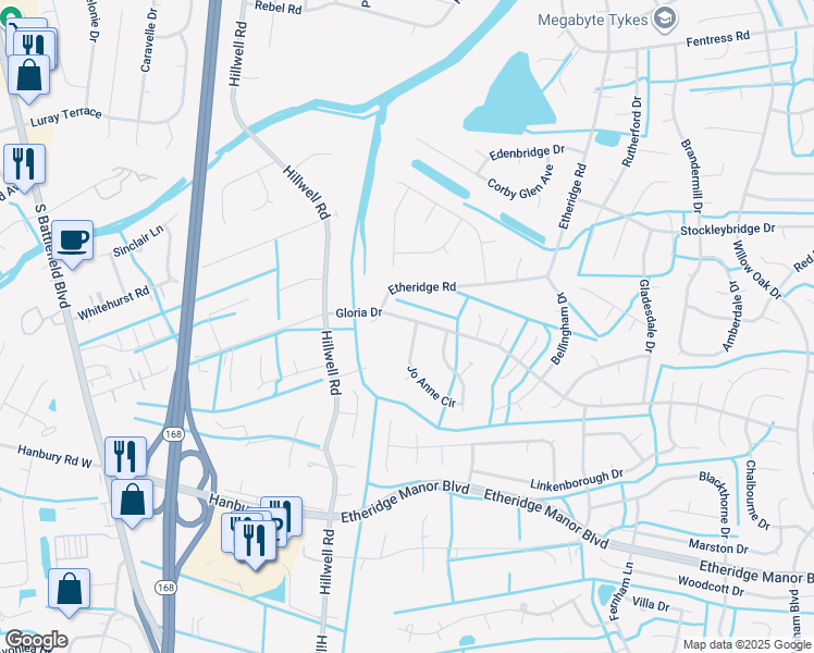 map of restaurants, bars, coffee shops, grocery stores, and more near 409 Gloria Drive in Chesapeake
