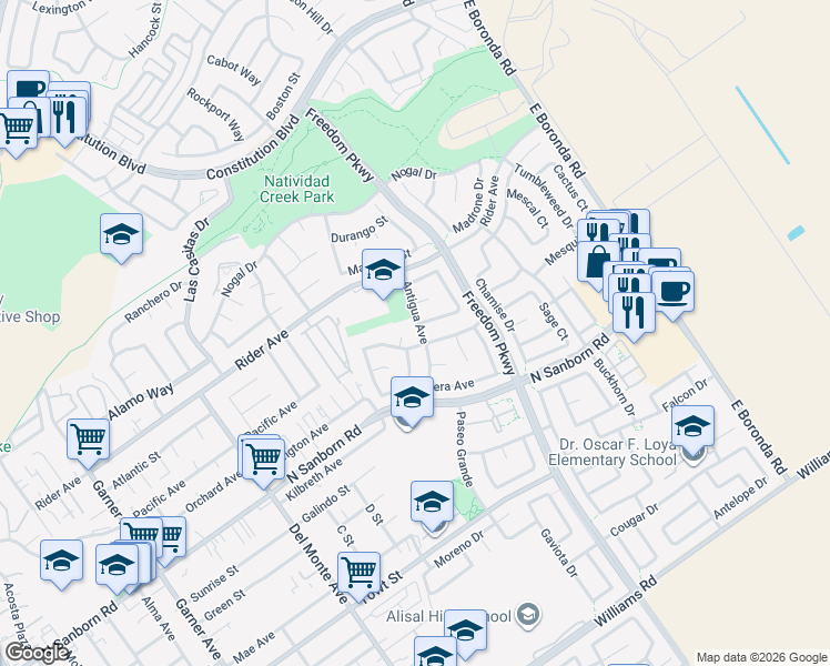 map of restaurants, bars, coffee shops, grocery stores, and more near 852 Antigua Avenue in Salinas