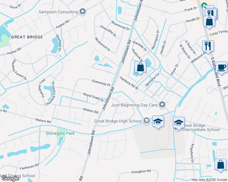 map of restaurants, bars, coffee shops, grocery stores, and more near 905 Meadow Trail Road in Chesapeake