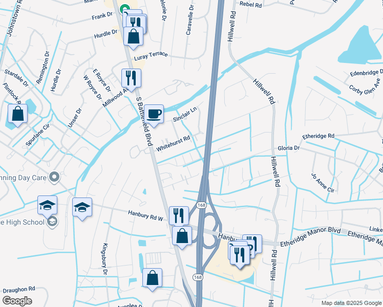 map of restaurants, bars, coffee shops, grocery stores, and more near 905 Douglas Eley Lane in Chesapeake