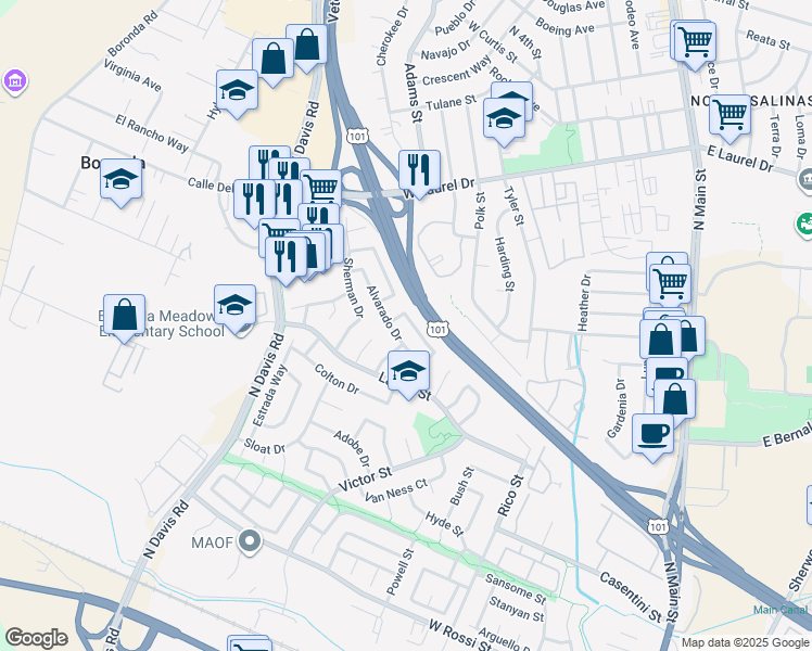 map of restaurants, bars, coffee shops, grocery stores, and more near 665 Alvarado Court in Salinas