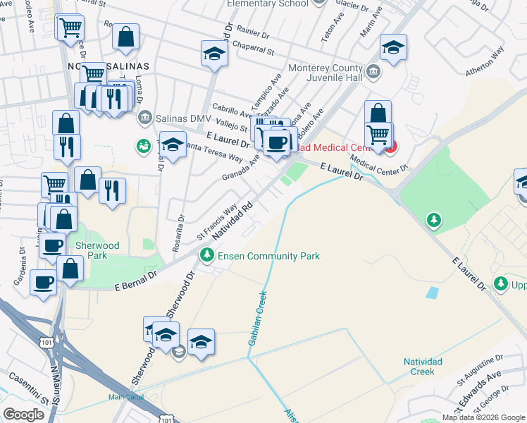 map of restaurants, bars, coffee shops, grocery stores, and more near 44 Natividad Road in Salinas