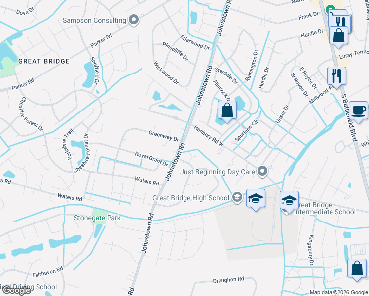 map of restaurants, bars, coffee shops, grocery stores, and more near 905 Meadow Trail Road in Chesapeake