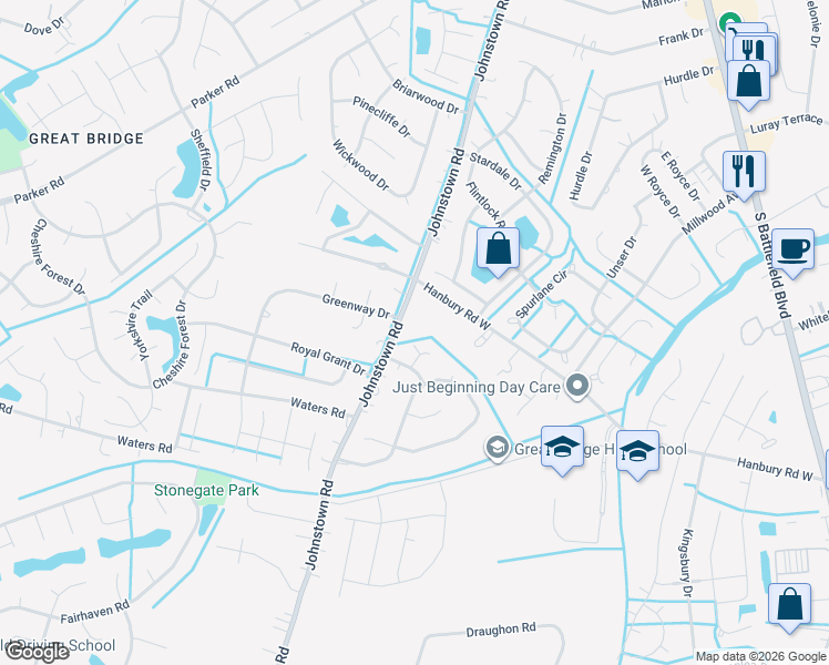 map of restaurants, bars, coffee shops, grocery stores, and more near 911 Johnstown Road in Chesapeake