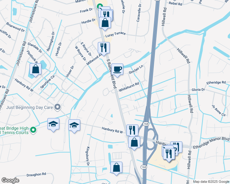 map of restaurants, bars, coffee shops, grocery stores, and more near 908 South Battlefield Boulevard in Chesapeake