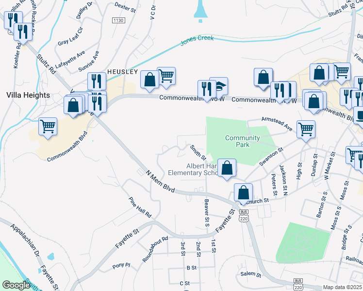 map of restaurants, bars, coffee shops, grocery stores, and more near 824-898 New York Avenue in Martinsville