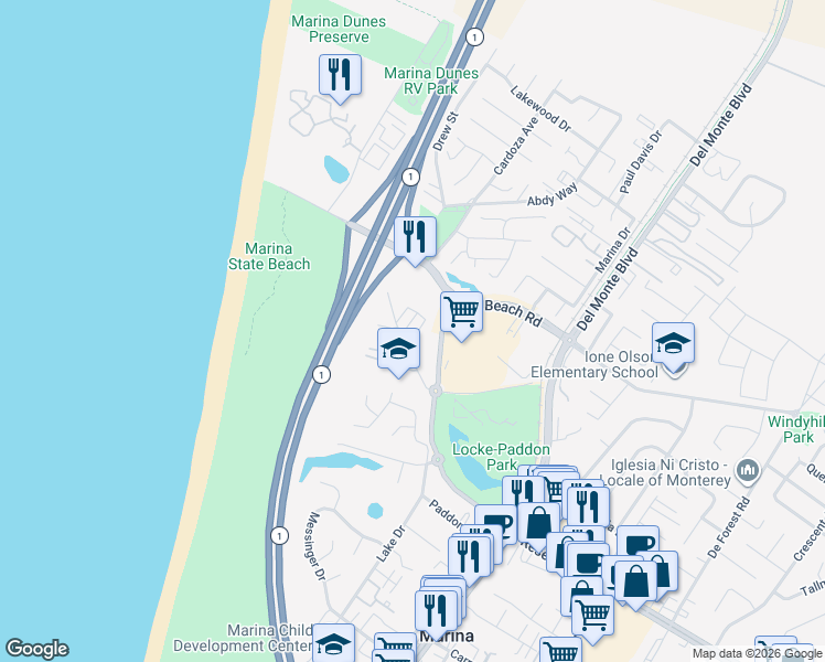 map of restaurants, bars, coffee shops, grocery stores, and more near 3214 Playa Court in Marina