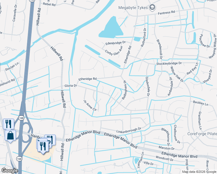 map of restaurants, bars, coffee shops, grocery stores, and more near 517 Etheridge Road in Chesapeake