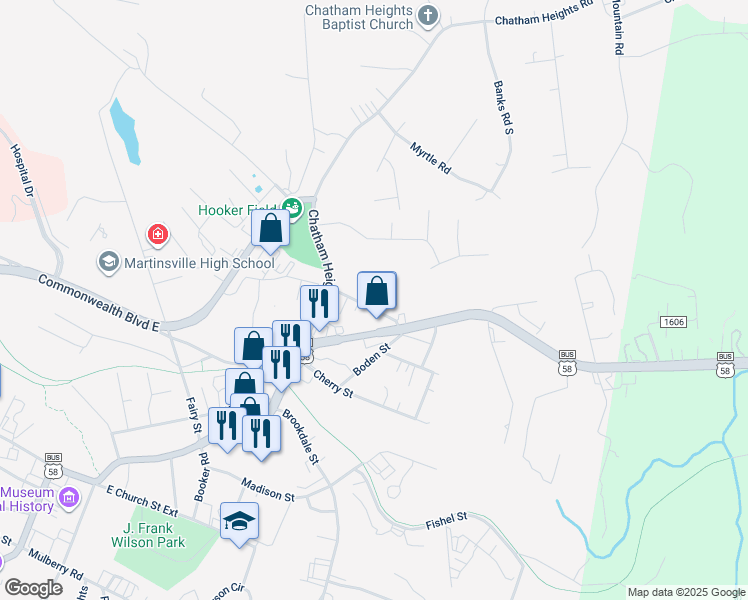 map of restaurants, bars, coffee shops, grocery stores, and more near 927 Bob Gregory St in Martinsville