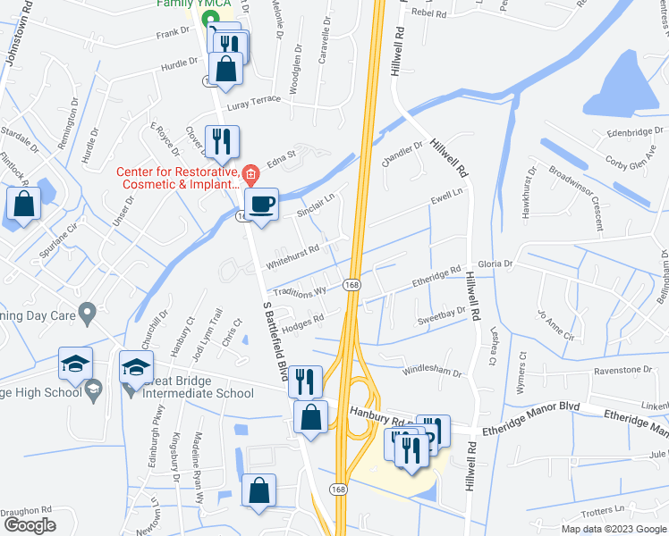 map of restaurants, bars, coffee shops, grocery stores, and more near 200 Whitehurst Road in Chesapeake