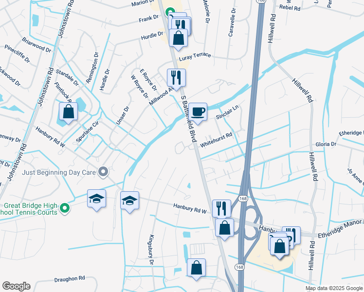 map of restaurants, bars, coffee shops, grocery stores, and more near 864 South Battlefield Boulevard in Chesapeake