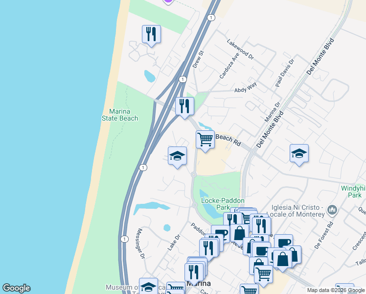 map of restaurants, bars, coffee shops, grocery stores, and more near 3214 Playa Court in Marina