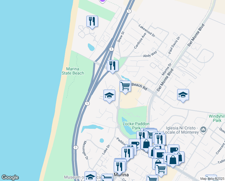 map of restaurants, bars, coffee shops, grocery stores, and more near 3214 Playa Court in Marina