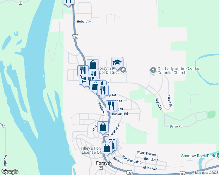 map of restaurants, bars, coffee shops, grocery stores, and more near 344 Coy Boulevard in Forsyth