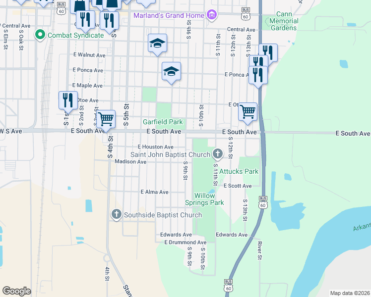 map of restaurants, bars, coffee shops, grocery stores, and more near 916 South 9th Street in Ponca City
