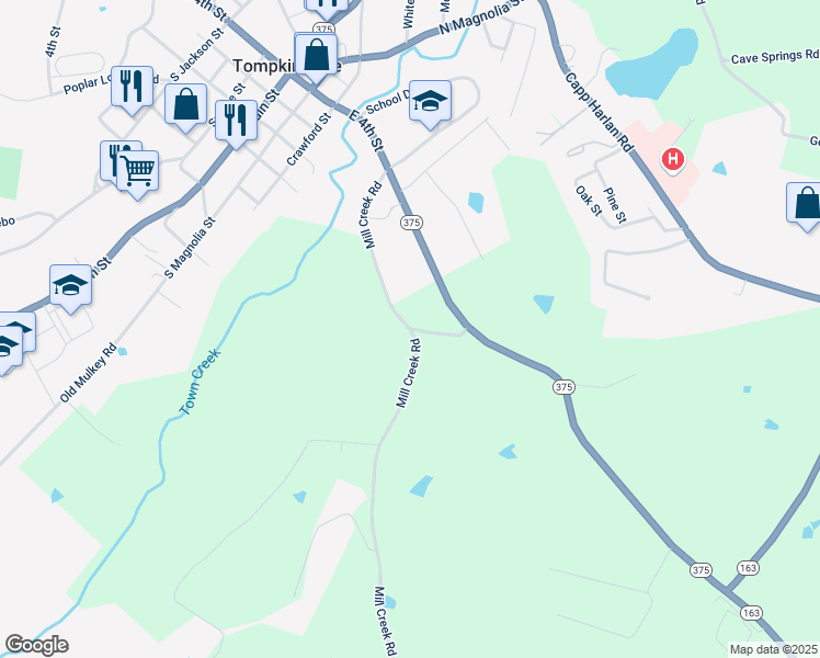 map of restaurants, bars, coffee shops, grocery stores, and more near 425 Mill Creek Road in Tompkinsville