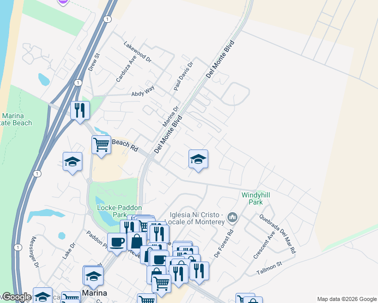 map of restaurants, bars, coffee shops, grocery stores, and more near 231 McCulloch Circle in Marina