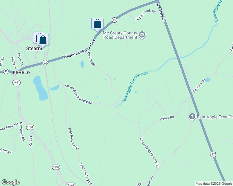 map of restaurants, bars, coffee shops, grocery stores, and more near Owens Rd in Stearns
