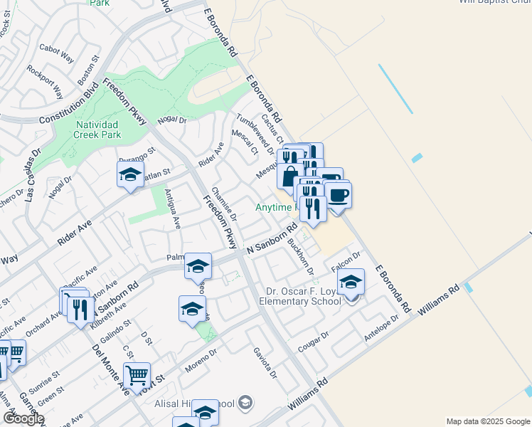 map of restaurants, bars, coffee shops, grocery stores, and more near 958 Rockrose Street in Salinas