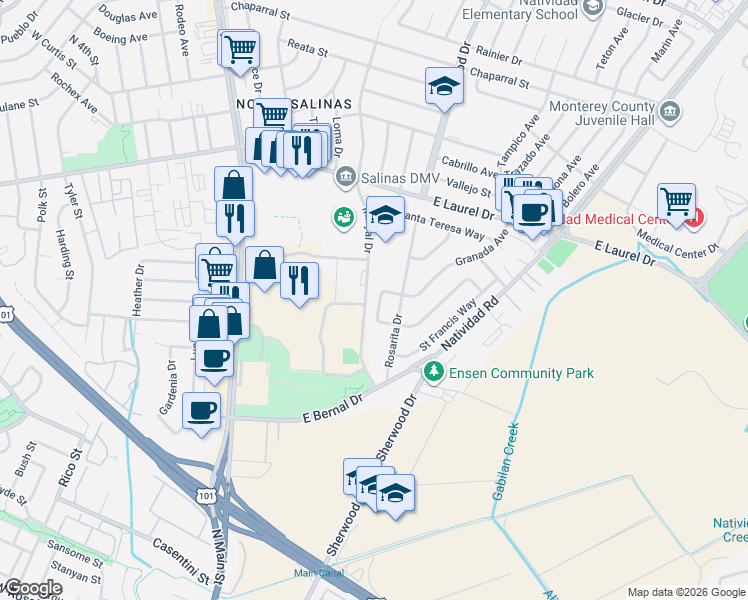 map of restaurants, bars, coffee shops, grocery stores, and more near 61 O'Connor Circle in Salinas
