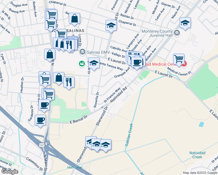 map of restaurants, bars, coffee shops, grocery stores, and more near 1121 Granada Avenue in Salinas
