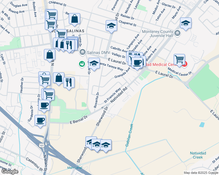map of restaurants, bars, coffee shops, grocery stores, and more near 1121 Granada Avenue in Salinas