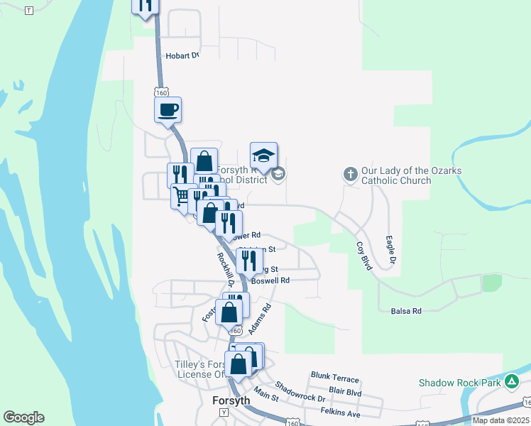 map of restaurants, bars, coffee shops, grocery stores, and more near 344 Coy Boulevard in Forsyth