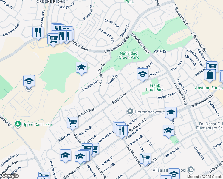 map of restaurants, bars, coffee shops, grocery stores, and more near 2 Nogal Circle in Salinas