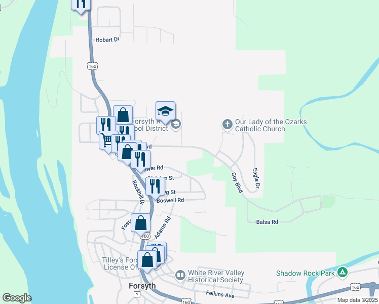 map of restaurants, bars, coffee shops, grocery stores, and more near 460 Coy Boulevard in Forsyth