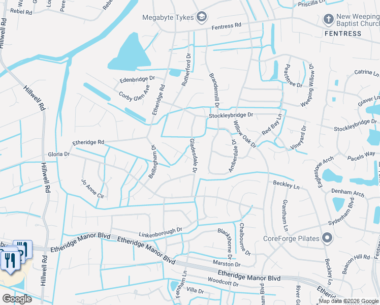 map of restaurants, bars, coffee shops, grocery stores, and more near 901 Bisham Court in Chesapeake