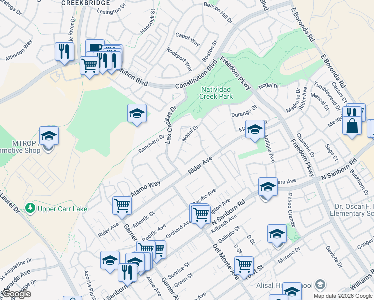 map of restaurants, bars, coffee shops, grocery stores, and more near 2 Nogal Circle in Salinas