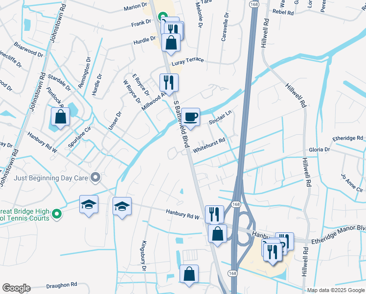 map of restaurants, bars, coffee shops, grocery stores, and more near 864 South Battlefield Boulevard in Chesapeake