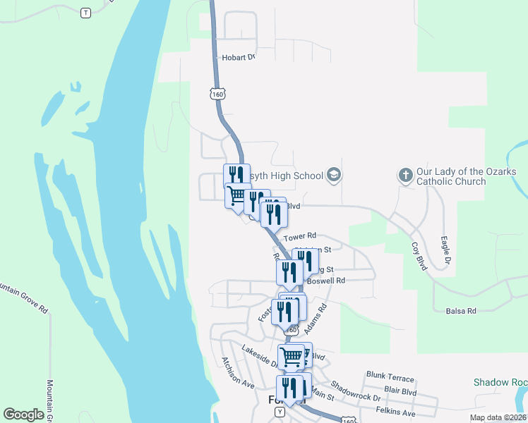 map of restaurants, bars, coffee shops, grocery stores, and more near 15581 U.S. 160 in Forsyth