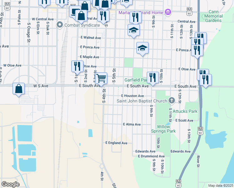 map of restaurants, bars, coffee shops, grocery stores, and more near 915 1/2 South 5th Street in Ponca City