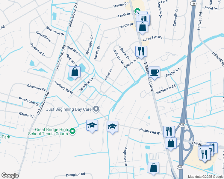 map of restaurants, bars, coffee shops, grocery stores, and more near 212 Gallenway Terrace in Chesapeake